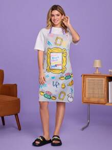 FRIENDS X SHEIN 1 pieza Delantal con estampado de dibujos animados de café, pizza y patito, a prueba de agua y aceite, de moda y versátil, adecuado para cocina y hornear