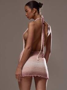 MUSERA Knit Plunge Halterneck Lettuce Hem Ombre Knit Fitted Low Back Mini Sweater Dress Ibiza Sexy Vacation Holiday Spring Summer Festival Beachwear Elegant Birthday Rave Night Out Party Evening Party Elegant Christmas