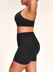 SHEIN 1set Plus Size Solid Color Elastic Cropped Tank Top And Shorts Shaping Bodysuit Set - Black - View 4