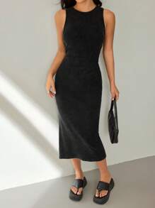 SHEIN PETITE Vestido ajustado sin mangas de cuello redondo con estampado de copos de nieve en estilo desgastado - Negro - Ver 6