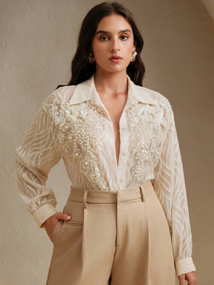 French Vintage Embellished Dotted Floral Women Plus Size Long Sleeve Casual Sheer Textured Jacquard Blouse