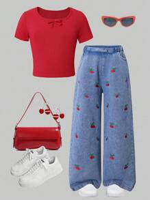 Sparklyn Girls Tee Set, Red Ribbed Knit Top, Embroidered Denim Pants, Cherry Pattern, Sweet & Cute Style, Fashionable, Suitable For Spring, Summer, Autumn - Red - View 1