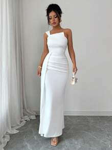 Rafferiza Women's One Shoulder Beaded Ruched Waist Fishtail Hem Dress All White Summer Dress - White - View 3