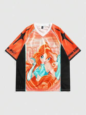 Winx Club X ROMWE T-shirt à manches courtes col V à imprimé de personnage de bande dessinée et lettres, en couleurs contrastées, style décontracté street pour hommes