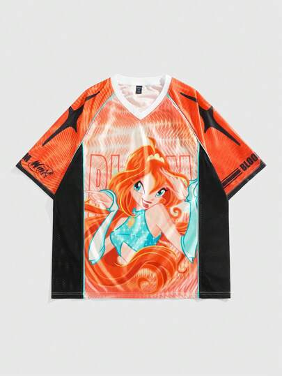Winx Club X ROMWE Camiseta de manga corta de cuello en V con estampado de personaje de dibujos animados y letras, en colores contrastantes, para hombre, de estilo casual y urbano
