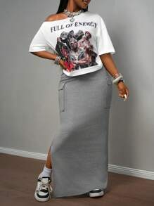 Slaydiva 2025 夏季新款休闲街头白色宽松露肩单肩图案T恤+侧开衩工装口袋长裙女两件套，音乐节，毕业装，女士早午餐装，日常外出，旅行，派对聚会，返校，休闲，街头-B - 彩色 - 查看 5