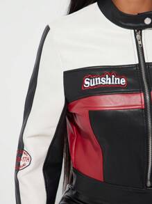 Radiana Amerikanischer cooler Patchwork- & Kontrastfarben-Motorradjacke mit Stickerei, Damen Sommer Rennwagen Rennmotorrad Jacke für Herbst/Winter