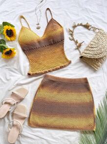 Soleia Women's Vacation Knit Ombre Yarn Twist Front Crop Top And Mini Skirt 2Pcs Set, Suitable For Party, Dates, Afternoon Tea, Beach, Boho Vacation,Sweet Cute Romantic Countryside Style Knitted Textured Cut-Out Sets,Early Fall Women's Clothing, Graduation, Church, Beach, Music Festival - Multicolor - View 1