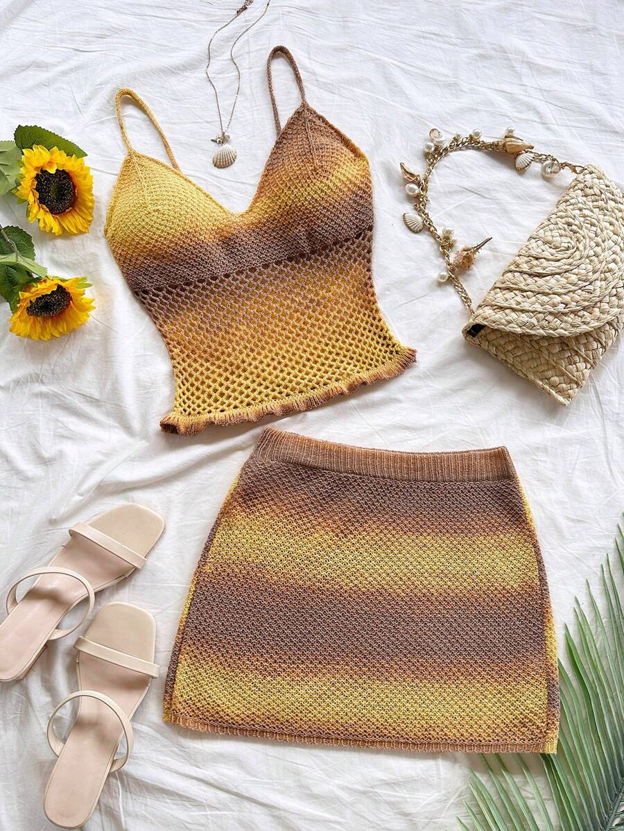 Soleia Women's Vacation Knit Ombre Yarn Twist Front Crop Top And Mini Skirt 2Pcs Set, Suitable For Party, Dates, Afternoon Tea, Beach, Boho Vacation,Sweet Cute Romantic Countryside Style Knitted Textured Cut-Out Sets,Early Fall Women's Clothing, Graduation, Church, Beach, Music Festival - Multicolor - View 1