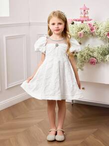 Kleine Mädchen Prinzessin Kleid, weißes strukturiertes Blumenmuster Puffärmel Tunika Kleid - Weiss - Übersicht 6