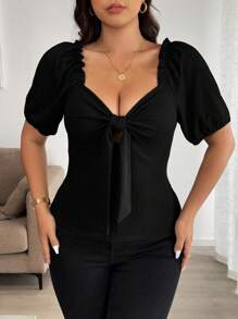 Elenzga Plus Size Black Knitted Tie-Front Top With Sweetheart Neckline And Short Puff Sleeves Black Tie Front Top Black Ribbed Top Puff Sleeve Top Women Black