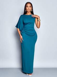 SOLERSUN Đầm Maxi Xếp Ly Tay Cánh Dơi Trơn Màu Trơn Không Đối Xứng Thanh Lịch Cho Nữ - Màu xanh ngọc - Xem 4