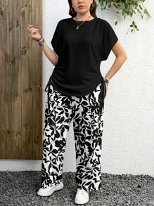 EMERY ROSE 2pcs/Set Plus Size Leaf Graphic Set, Suitable For Summer - Black and White - View 6