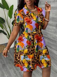 Slaydiva 休闲简约女士迷你连衣裙适合夏季，多层蛋糕风格连衣裙，泡泡袖，适合夏季，适合度假，热带印花，豹纹，树叶印花 - 彩色 - 查看 6