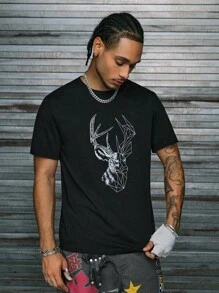 AXEPEAK Men Geo & Deer Graphic Print Short Sleeve Tee, For Going Out, Summer - Black - View 1