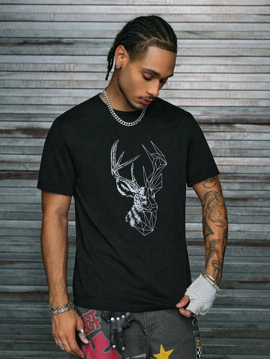 AXEPEAK Men Geo & Deer Graphic Print Short Sleeve Tee, For Going Out, Summer - Black - View 1