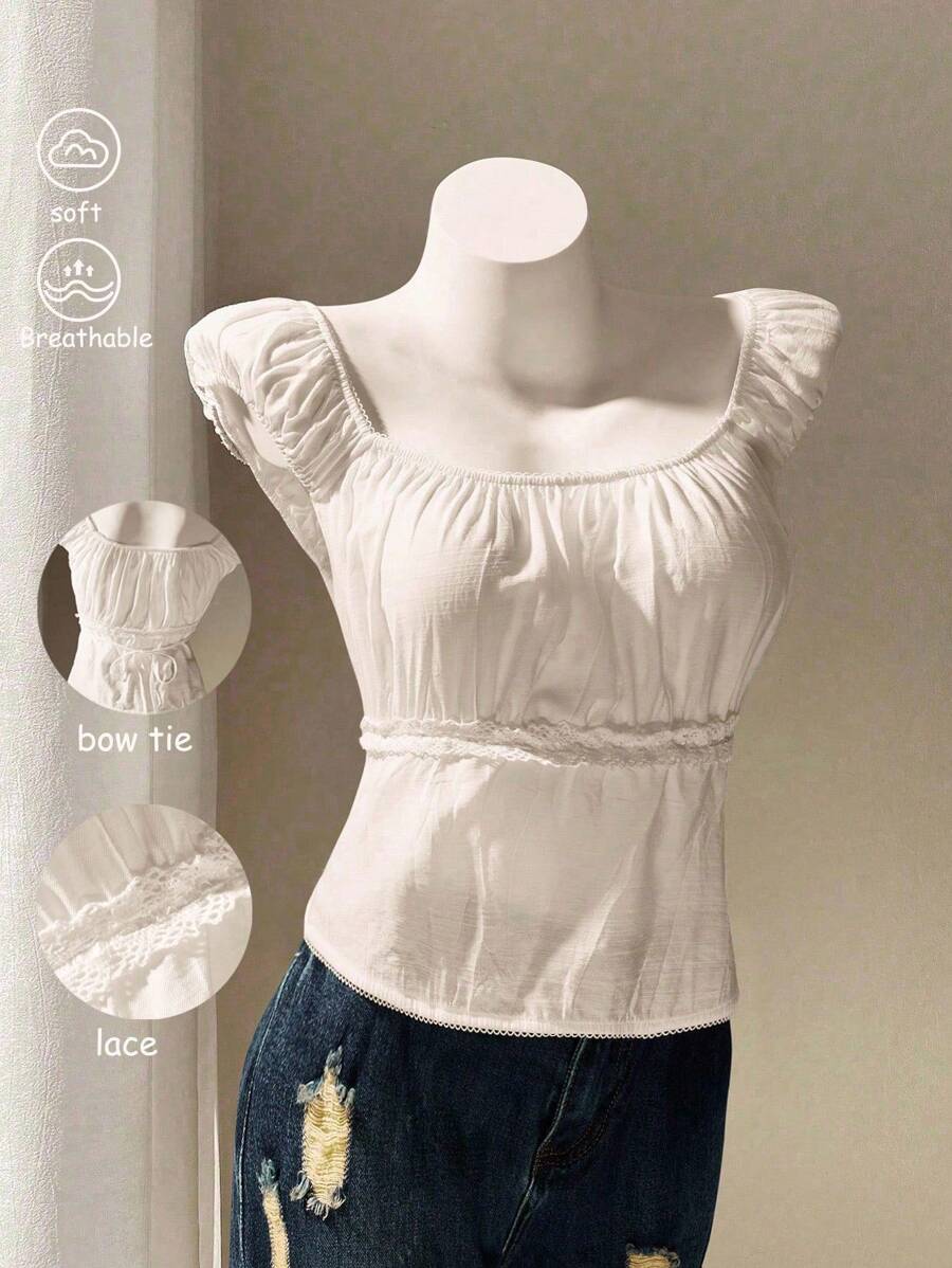 DreamSkyne Holiday Summer Elegant Going Out Top White Lace Bowknot Sleeveless Fang Ling Plus-Size Blouse - White - View 1