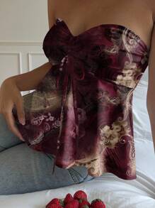 SHEIN EZwear Women's Casual Ruched Chest Drawstring Tied Babydoll Tube Top, Suitable For Summer, Vintage Style, Color Options: Burgundy, Paisley Print Suitable For Going Out - Multicolor - View 4