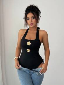 Rafferiza 女式挂脖金属玫瑰装饰紧身衣 - 黑色 - 查看 7