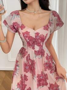 DAZY 女士优雅花卉V领中长连衣裙，夏季 - 粉色 - 查看 9