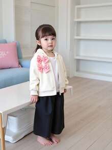 SHEIN Aby Girl Spring&Autumn Casual Style Toddler Jacket Long Sleeve Bowknot Decoration Hooded Top - Apricot - View 3