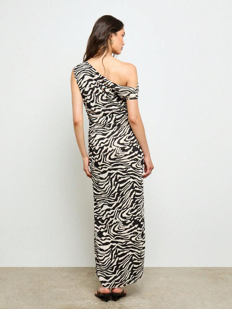 AiiRZ One Shoulder Zebra Print Bodycon Maxi Dress Form Fitting Ruched Evening Glamour Statement Party Long Gown