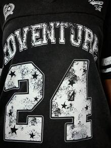 ROMWE Street Life Women's Y2K Vintage Street Style Distressed Numeral Print Short Sleeve Sporty Crop Top