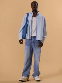 Musero Men Washed Denim Baggy Jeans Button Fastening Belt Loop Detailing Spring Summer Vacation - Light Grey - View 1