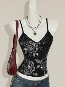 SHEIN ICON Y2K夏季女士外出复古波西米亚风度假闪亮亮片女式夏季花卉刺绣亮片吊带背心 - 黑色 - 查看 1