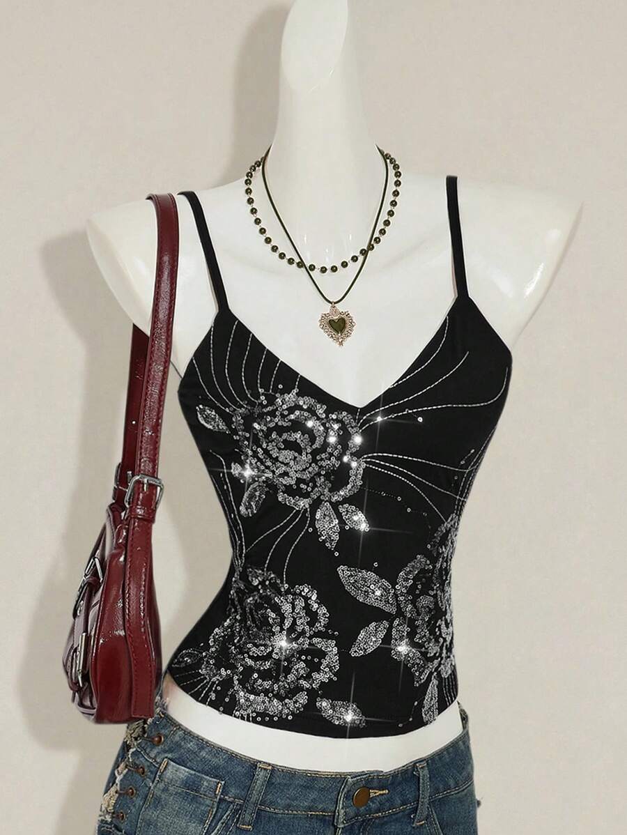 SHEIN ICON Y2K夏季女士外出复古波西米亚风度假闪亮亮片女式夏季花卉刺绣亮片吊带背心 - 黑色 - 查看 1