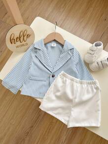 SHEIN 2 件套男婴春夏休闲可爱条纹长袖西装外套和松紧腰短裤套装，绅士风格服装适合生日派对、晚会、表演、婚礼、婴儿洗礼、月度庆祝和 1 岁生日 - 彩色 - 查看 3