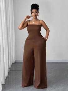 Maweii 2pcs/Set Plus Size Women Solid Color Mesh Ruffle Sleeve Top And Wide Leg Jumpsuit - Brown - View 7