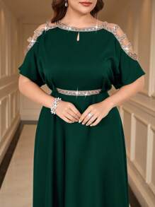 SHEIN Clasi Plus Size Summer Elegant Splice Ribbon Cutout Shoulder Waisted Dress Plus Size Cold Shoulder Gown - Dark Green - View 5