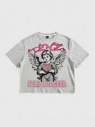 Street Life T-shirt court à manches courtes d'été décontracté pour hommes avec imprimé ange et lettres
