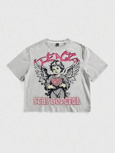 Street Life Men's Summer Casual Street Angel & Letter Print Short Sleeve Cropped T-Shirt