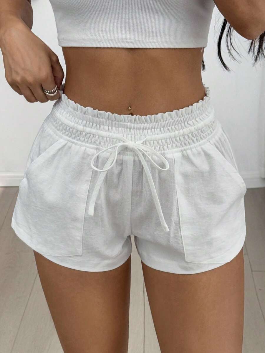 SHEIN EZwear 女式休闲纯色抽绳腰侧口袋短裤，夏季 - 白色 - 查看 1