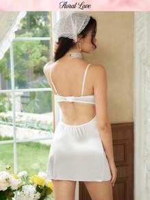 FloralLove 花卉刺绣缎面蝴蝶结细节露背性感内衣连衣裙