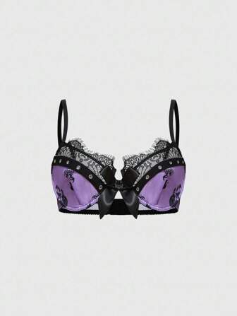 Goth Sujetador con aros con impresión de calavera, ojales con calavera e inserto de encaje, con estilo gótico
