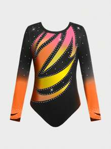 SHEIN 1 件女童运动紧身衣，长袖体操紧身衣，可爱黑色弹力舞蹈服装 - 彩色 - 查看 4