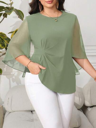 Reflora Blusa elegante de talla grande para mujer con cuello redondo, mangas abullonadas de malla y plisado en color liso