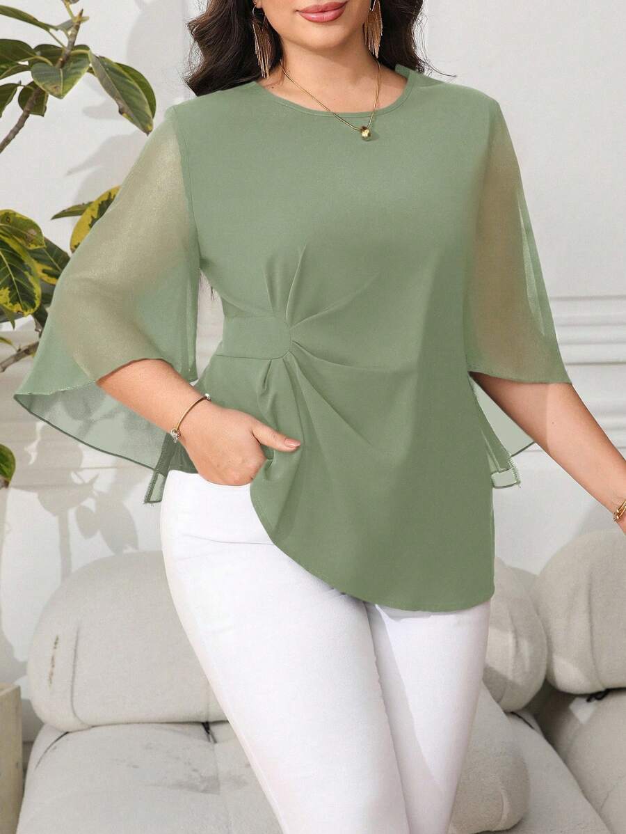 Reflora Blusa Elegante Plissada de Manga Flare com Gola Redonda e Tela em Cor Sólida para Mulheres Plus Size, Blusa de Chiffon para Professoras - Verde Menta - Visão 1