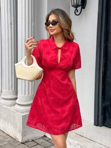Chiquease Vestido midi de verano de mujer con estilo vacacional, unicolor, gasa, cuello con lazo y cintura con cordón - Rojo - Ver 3