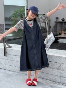Dazy Kids 2pcs Kids Fall Clothes Set: Tween Girls Striped Short Sleeve Crew Neck T-Shirt + V-Neck Sleeveless Denim Dress - Multicolor - View 7