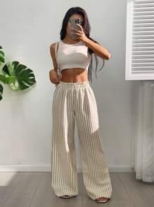 SHEIN EZwear Pantalones casuales de pierna ancha a rayas para mujer, ideales para ir y venir