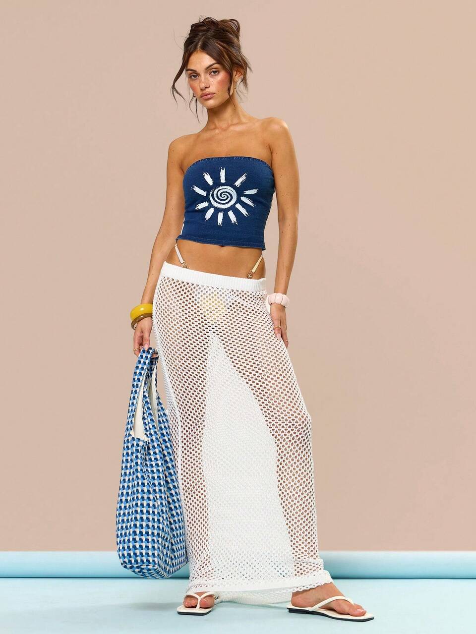Strapless Sun Solar Print Fitted Longline Crop Bandeau Tube Top,Blue And White Stripe,Summer,Streetwear Y2k,Night Out Vacation Holiday Beach Graphic
