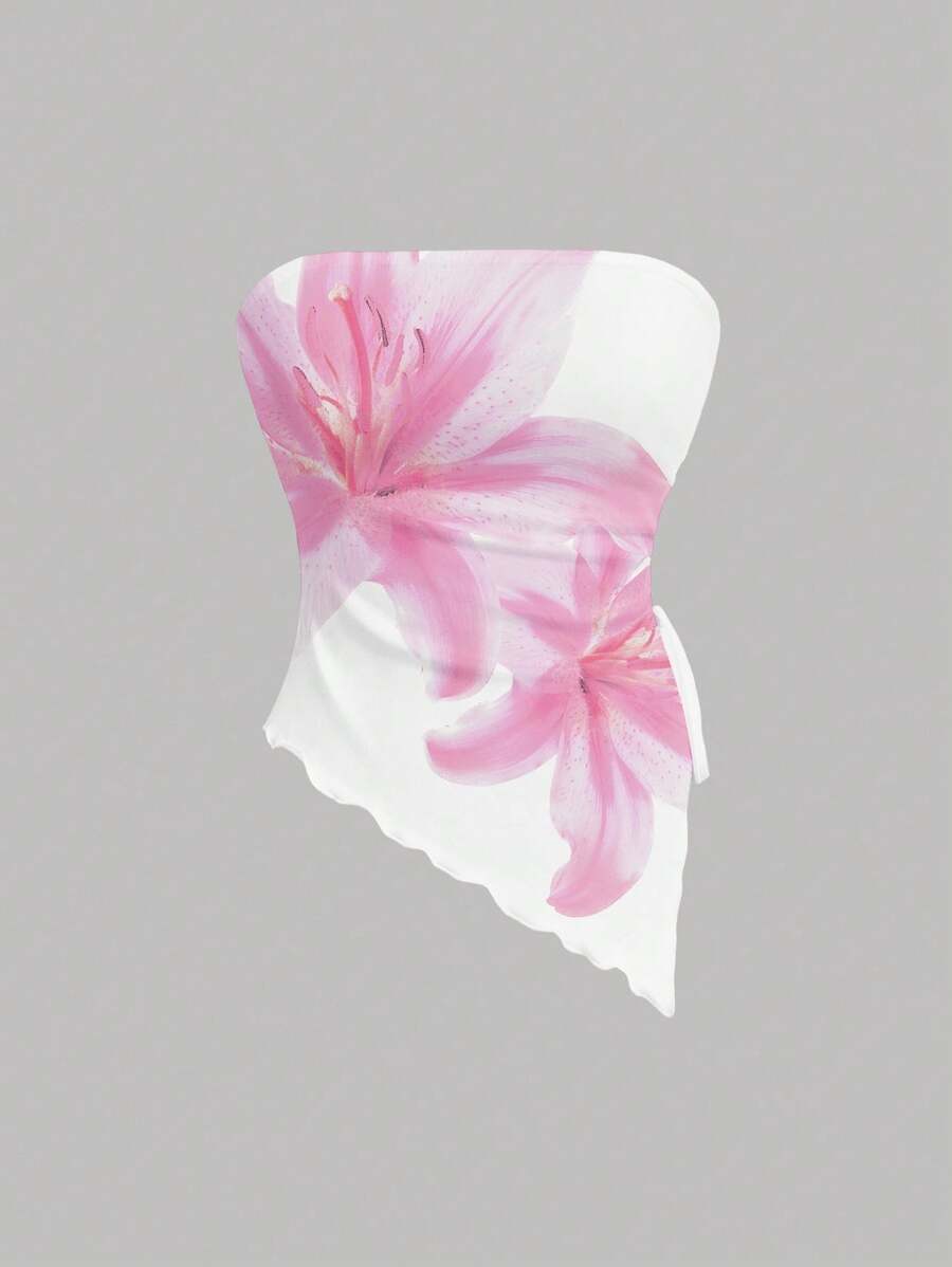 SHEIN MOD Áo thun bó sát hở vai không đối xứng, dây rút, thích hợp cho mùa hè, họa tiết hoa, họa tiết Hawaii - Nhiều màu - Xem 1