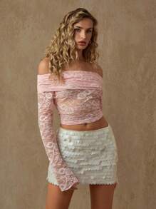 Glamine Pink Off-Shoulder Long Sleeve Elastic Lace Ruched Sheer Crop Top For Women, French Style Hollow Out Short Sexy T-Shirt, Transparent Slim Club Party Summer Casual Fall Cloth For Women