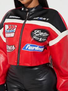 Radiana 女式字母图案拼色短款 PU 皮夹克，摩托车/赛车/飞行员夹克，秋冬多功能外套赛车夹克女式赛车夹克女式红黑赛车夹克女式摩托夹克女式赛车夹克；皮革赛车夹克 - 彩色 - 查看 6