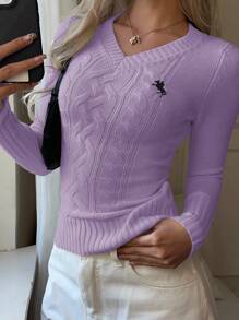 SHEIN EZwear 女士休闲V领长袖修身骑士图案毛衣