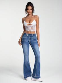 SHEIN ICON Casual Washed High Street Low Waist Jeans - Medium Wash - View 5